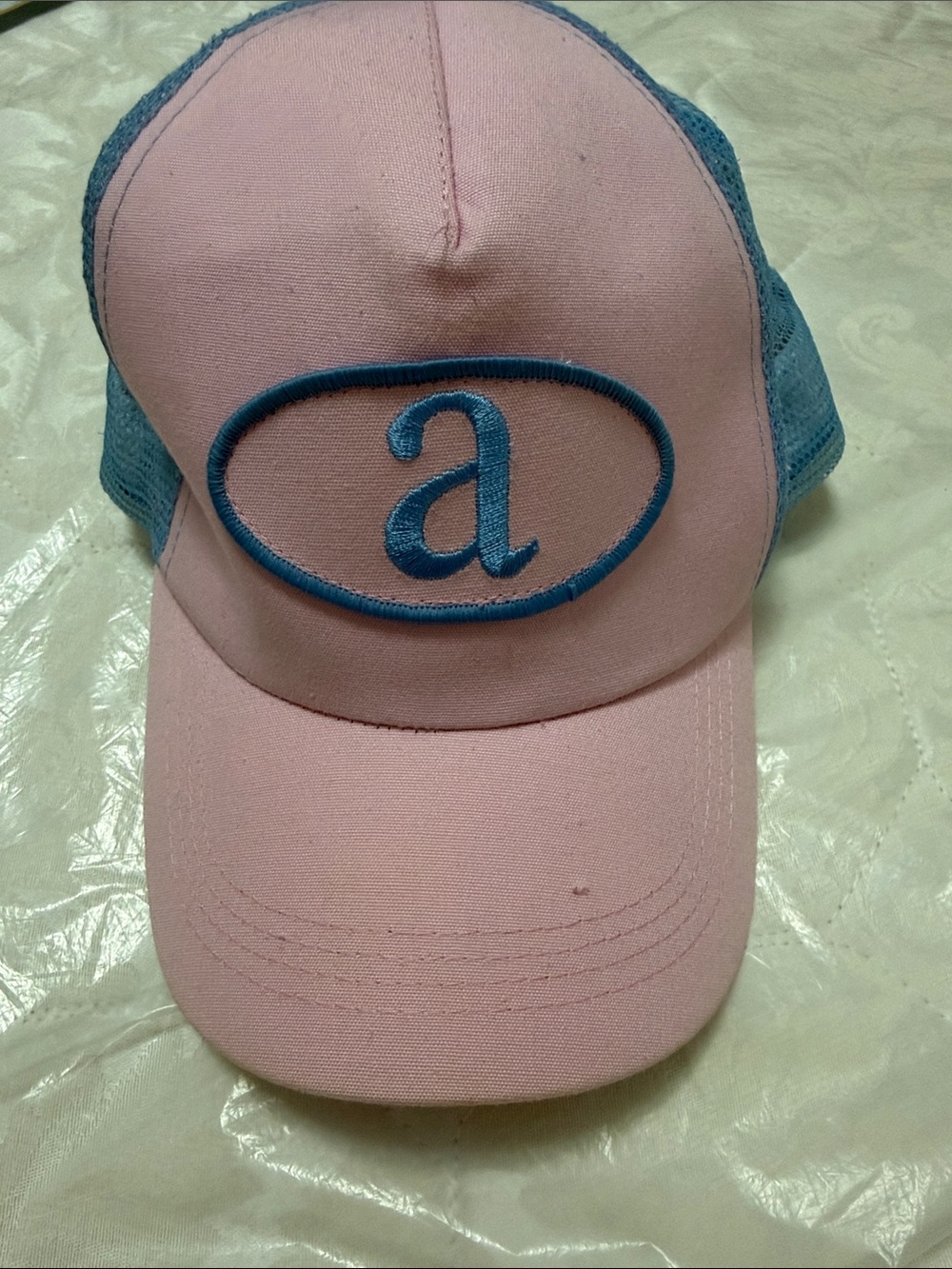 Kids Pink and Blue Mesh Trucker Hat with 'a' Emblem